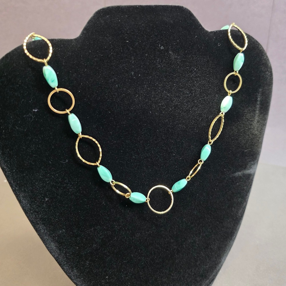 Necklace 17" Gold Tone Faux‎ Turquoise Marquise Bead Textured Link Chain Avon